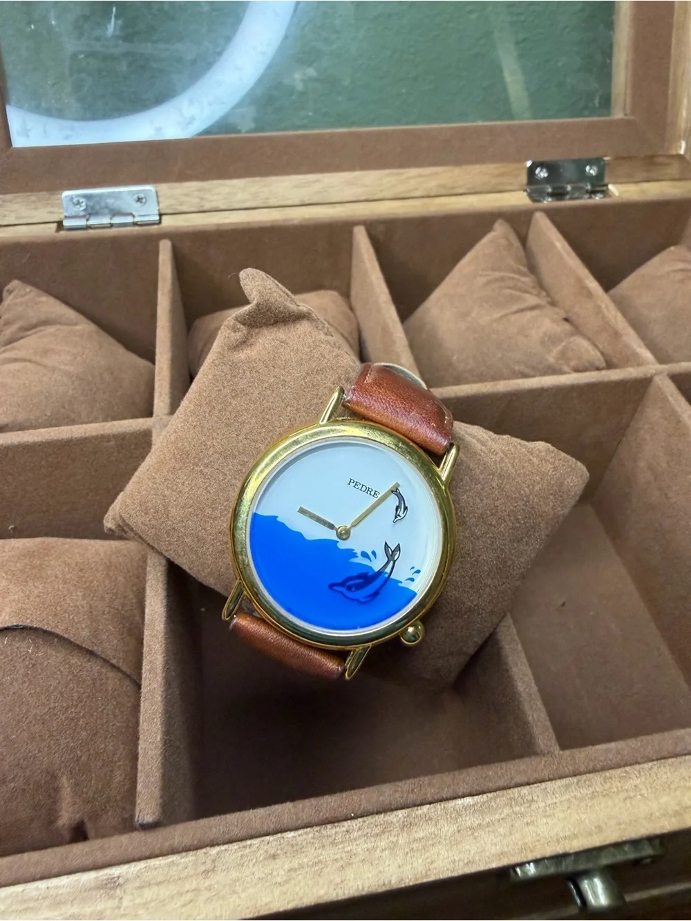 Women's Gold-Tone Watch with Blue Dial and Brown Leather Strap